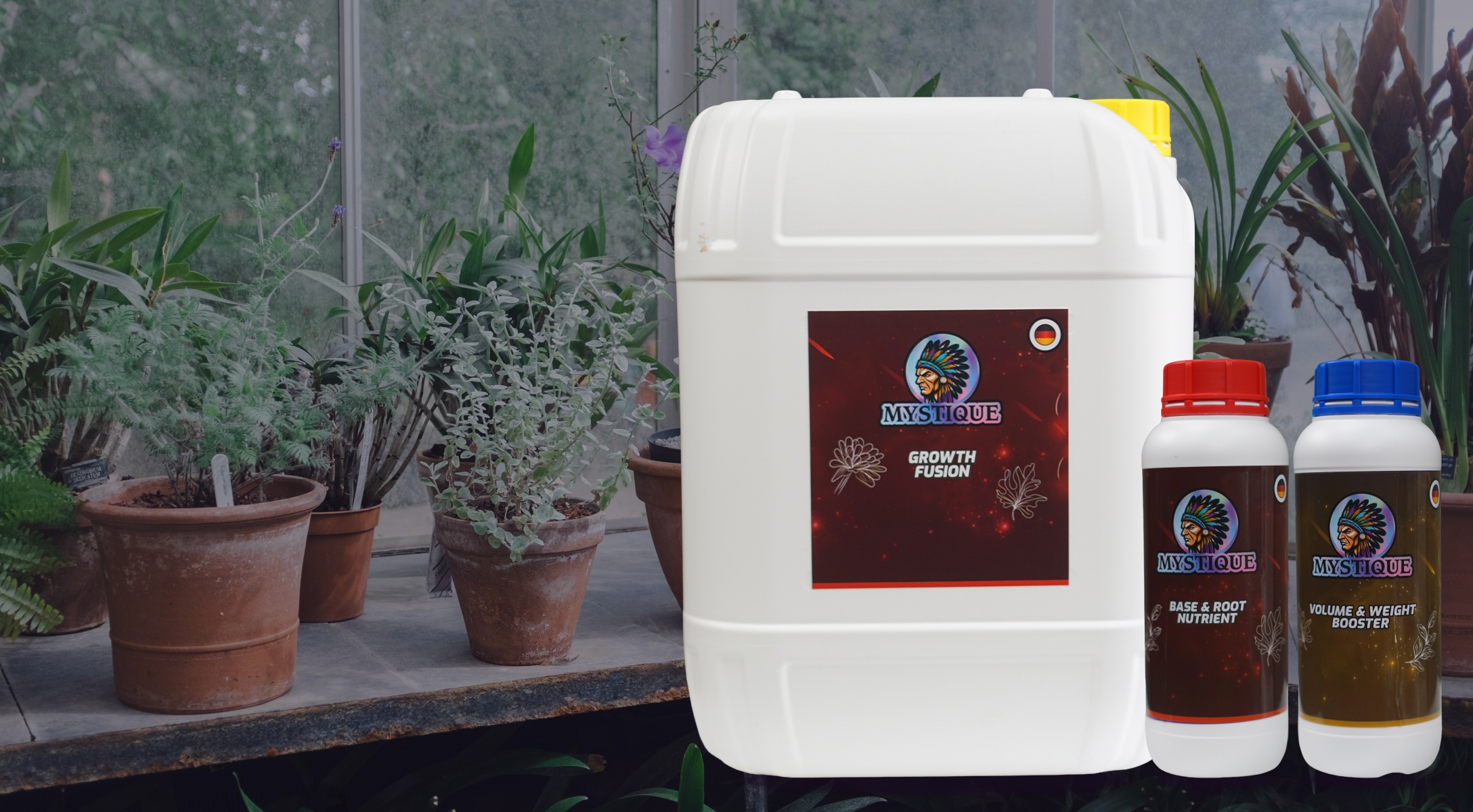 Mystique 20 litre and 1 litre products in a commercial greenhouse