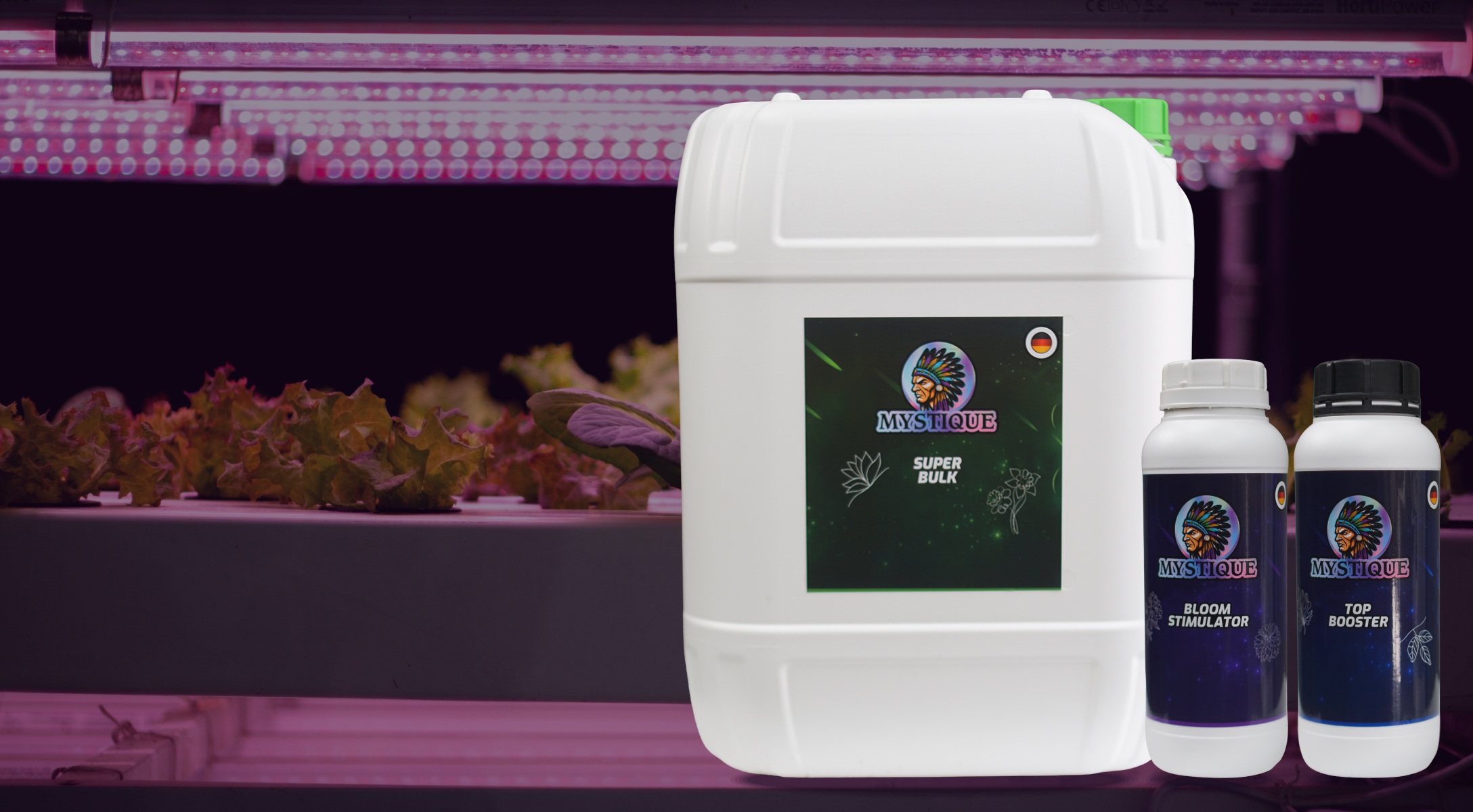 Mystique 20 litre and 1 litre products beneath cultivation lights