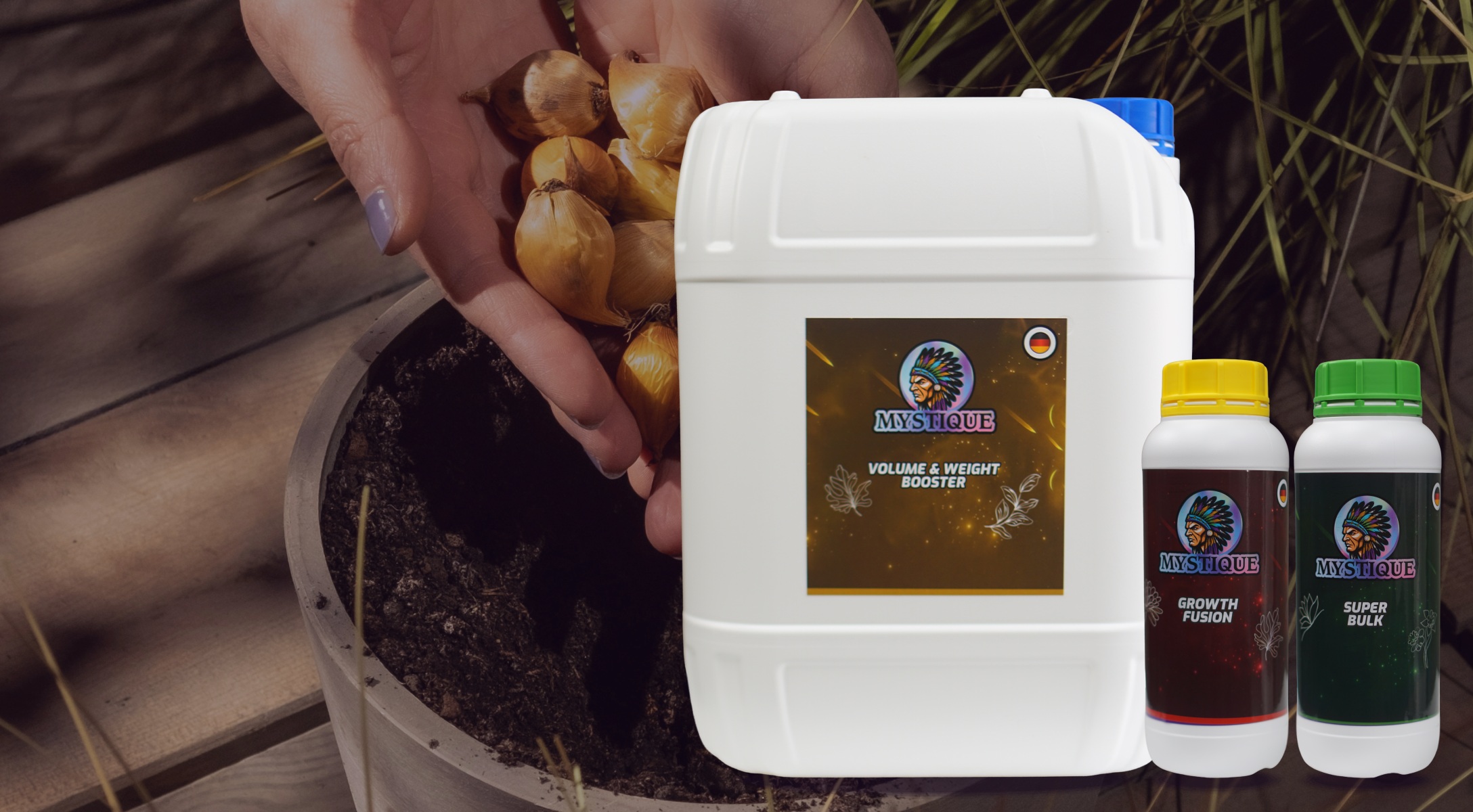 Mystique 20 litre and 1 litre products beside a soil planting scene